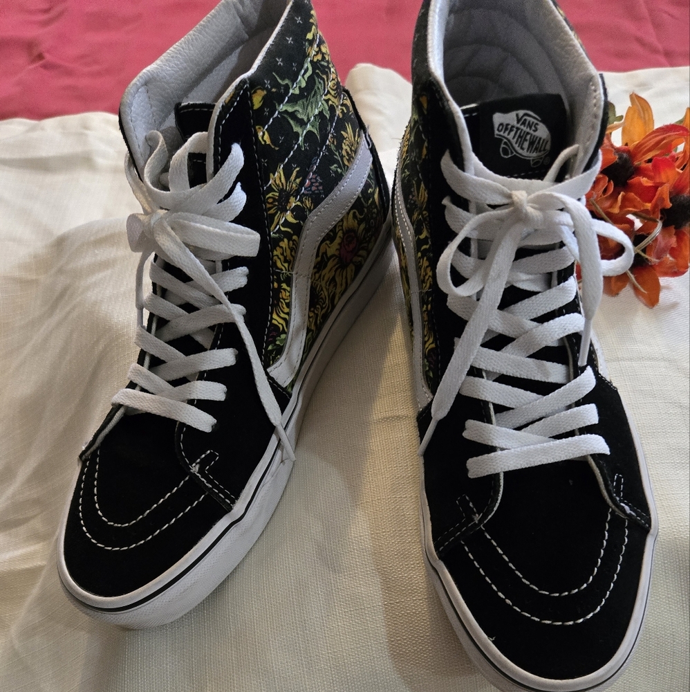 Vans Black White Floral High-Top Skate Shoes